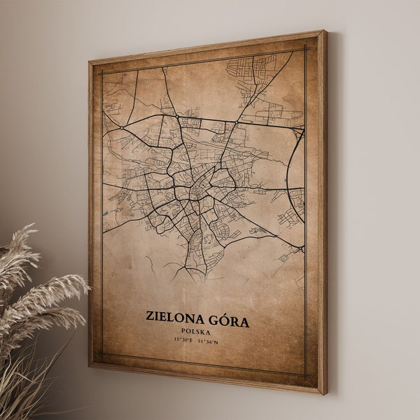 Zielona Gora, Poland  Vintage Style Map Poster