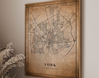Vintage Style York Map Print - UK City Decor Vintage Style York Map poster