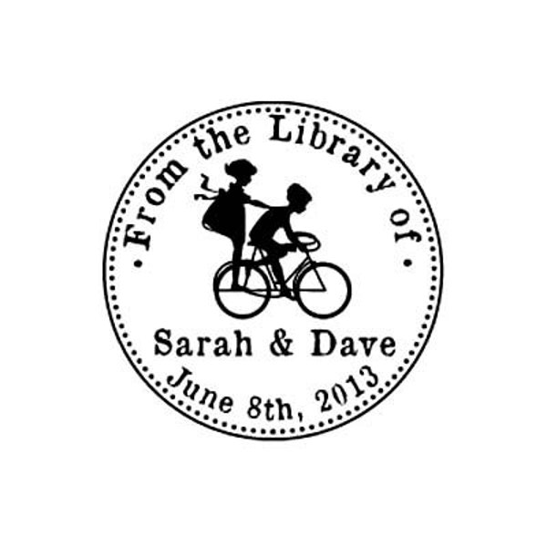 custom wedding stamp Silhouette Kids on bicycle From the library of custom rubber stamp bookplate bike