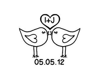 Cute Love Birds Kissing with date custom Rubber Stamp lovebirds heart wtih initials