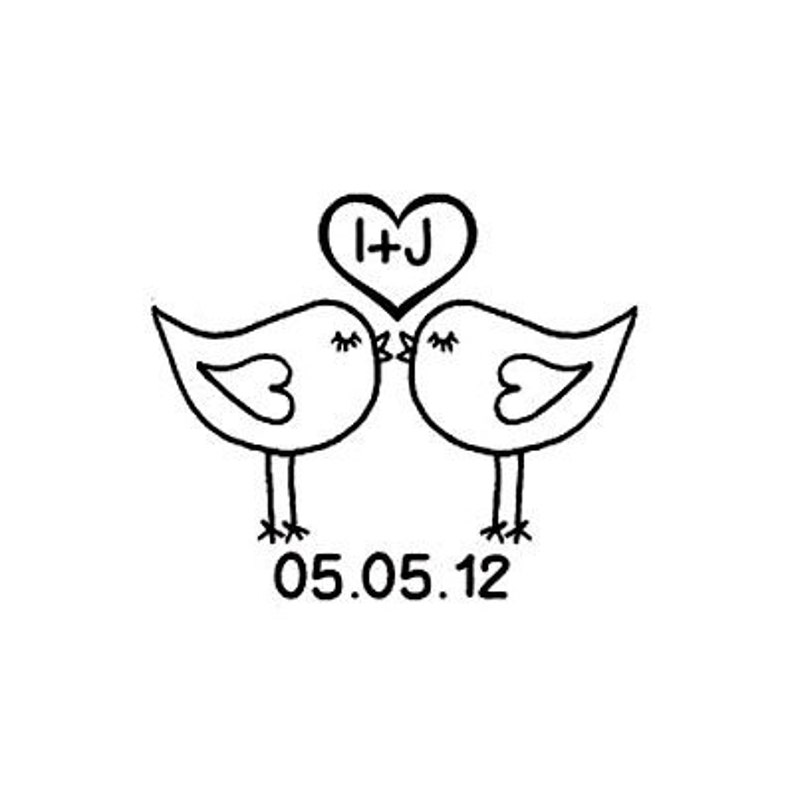 Cute Love Birds Kissing with date custom Rubber Stamp lovebirds heart wtih initials image 1