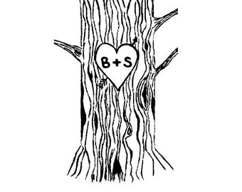 Custom Tree Trunk with Lovers Heart and carved initials rubber stamp perfect for wedding