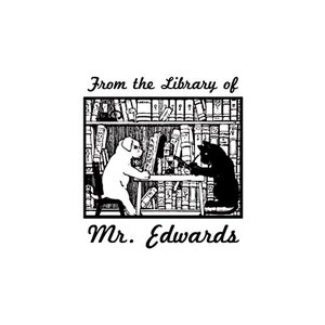 Dog and Cat reading from the library of custom rubber stamp bookplate ex libris teacher stamp