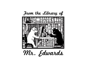 Dog and Cat reading from the library of custom rubber stamp bookplate ex libris teacher stamp