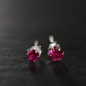 Può includere: Un paio di orecchini a lobo con gemme rosa brillante incastonate in argento. Le gemme sono rotonde e sfaccettate, catturando la luce. Gli orecchini sono esposti su una superficie scura e strutturata.