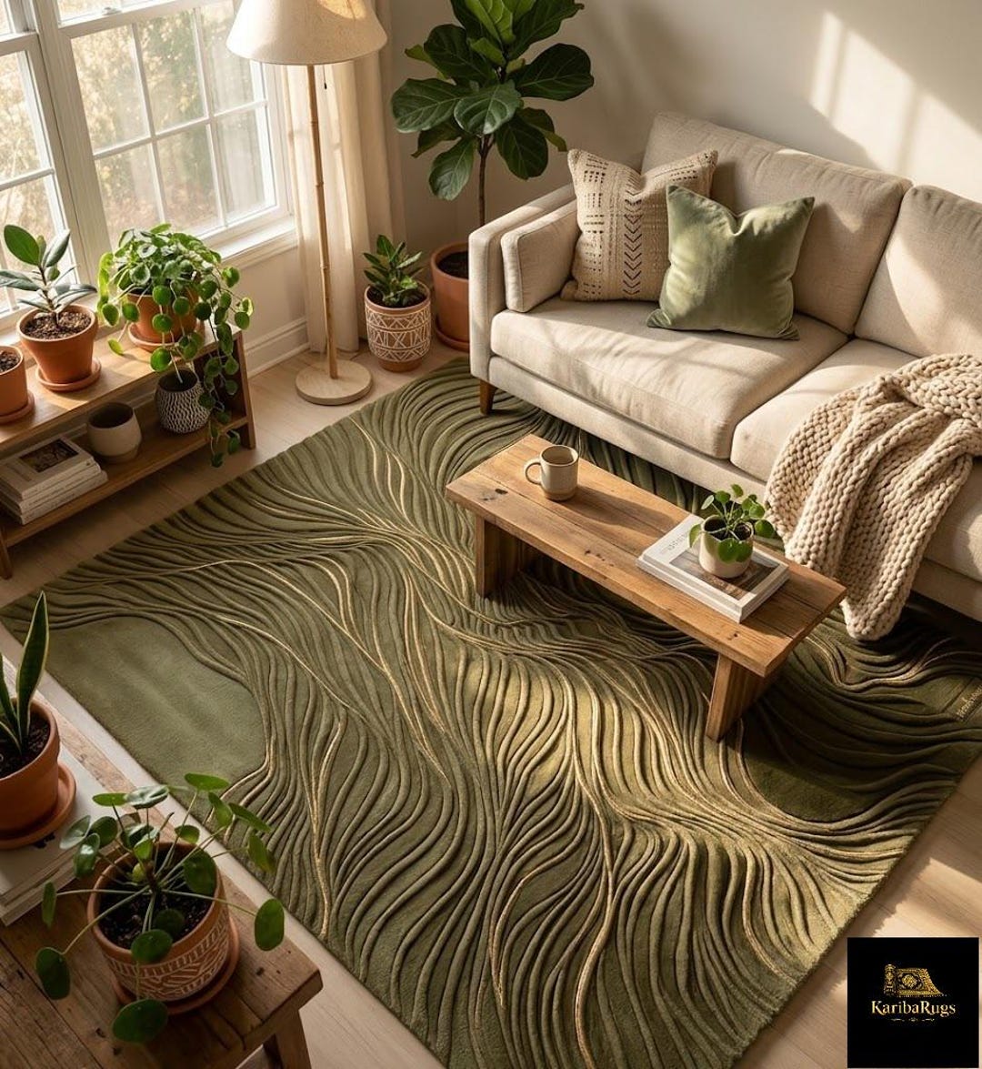 Olive Green Abstract Wool Rug, Hand-tufted 3D Carved Modern Area Carpet ...