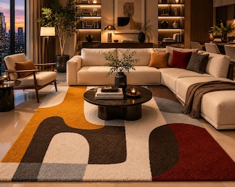 Hand Tufted Wool Blend Abstract Rug, Mustard Yellow, Grey, Brown Living Room Carpet