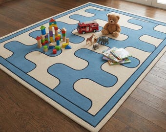 Alfombra de lana azul y marfil de 23 x 30 cm, hecha a mano para dormitorio