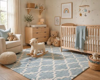 Hand-Tufted Wool Area Rug, Moroccan Trellis, Blue White Living Room Carpet