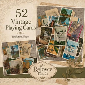May include: A collection of 52 vintage playing cards featuring various landscape and architectural illustrations. The cards are displayed in two clusters with text overlays reading 52 Vintage Playing Cards, Real Item Shown, and ReJoyce Studio AZ.