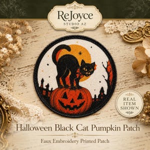 May include: A circular patch featuring a black cat with a red bow standing on a carved orange pumpkin. The background shows a yellow moon and black silhouettes of trees and buildings. The patch has a black border and printed text.