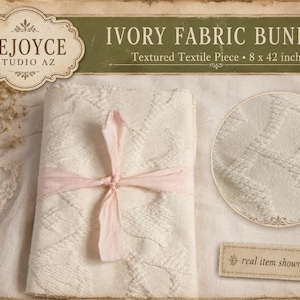 May include: An ivory fabric bundle measuring 8 x 42 inches, featuring a textured textile piece with a subtle geometric pattern. The fabric is folded and tied with a light pink ribbon. The text REJOYCE STUDIO AZ and IVORY FABRIC BUNDLE is visible.