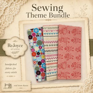 May include: Three folded fabric strips featuring a sewing theme bundle. One strip has a blue background with colorful buttons, one has white fabric with various embroidered stitch patterns, and one is pink with red illustrations of paper dolls.