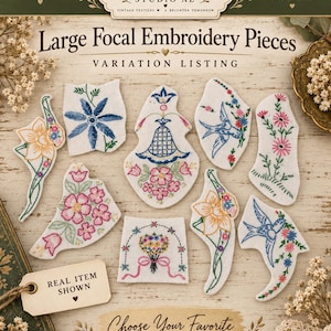 May include: A collection of eleven white fabric patches featuring various colorful embroidery designs including flowers, birds, and bouquets. The text on the image reads ReJoyce Studio AZ, Large Focal Embroidery Pieces, and Real Item Shown.