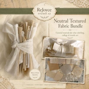 May include: A bundle of neutral-colored fabric scraps in various textures, tied together with a strip of white cloth. The image includes text reading ReJoyce STUDIO AZ, Neutral Textured Fabric Bundle, and Real Item Shown.