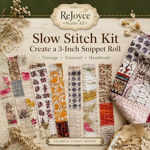 May include: A slow stitch kit for creating a 3-inch snippet roll, featuring various fabric strips with floral, geometric, and patterned designs in shades of pink, yellow, orange, and brown, with visible hand-stitched details and text.