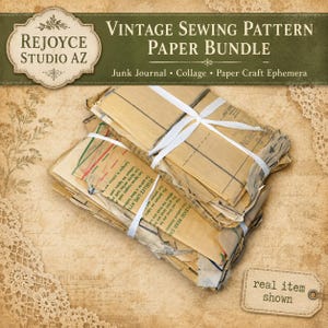 May include: A bundle of vintage sewing pattern paper tied with a white ribbon. The tan, translucent paper features black printed lines, markings, and instructional text in English and French. The bundle is labeled as a Vintage Sewing Pattern Paper Bundle.