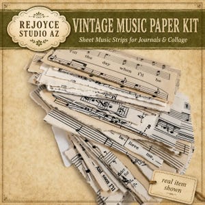 May include: A collection of off-white, torn strips of vintage sheet music with black musical notation and lyrics. The text REJOYCE STUDIO AZ VINTAGE MUSIC PAPER KIT Sheet Music Strips for Journals & Collage is visible at the top.