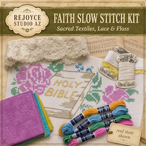 May include: A craft kit featuring a white fabric panel with a cross-stitched Holy Bible and floral motifs, cream lace trim, a spool of white thread, and several skeins of embroidery floss in yellow, blue, green, and pink, plus purple fabric squares.