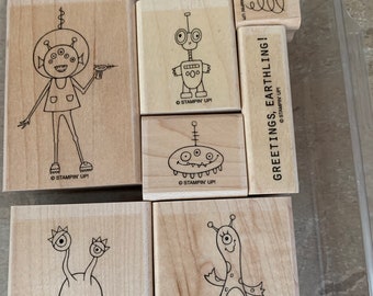 BlowOut Sale Stampin Up Wooden Red Rubber Stamps GREETING EARTHLING!