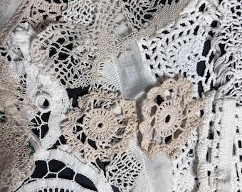 Vintage Crochet and Lace Inspirational Kit / Mixed Media Art/ Vintage Crochet and Lace snippet / Slow Stitch Crochet and Lace bits