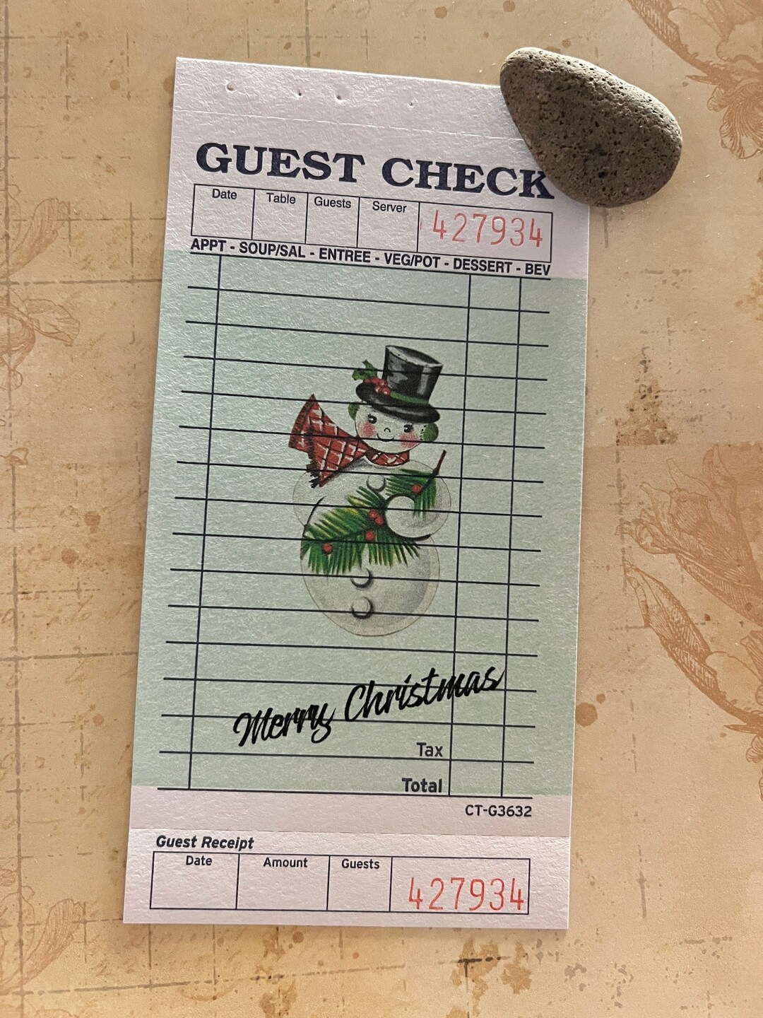 Diner Guest Checks, Embellished Guest Checks, SNOWMAN Merry Christmas