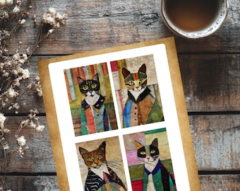 Cats in Clothes Printed Fabric Panel |  Textile Collage & Slow Stitch Supply