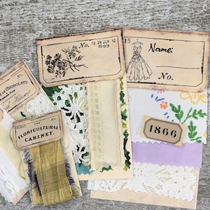 Faux Ephemera Sample Card ** Lace, Crochet, Fabric Junk Journal, Mixed Media, Slow Stitching, creative gift