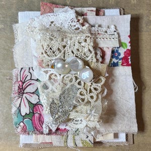 Mini Slow Stitch Kit – Vintage & New Fabric Scraps, Lace, Buttons, for Journals, Mixed Media, Textile Art, Collage, Quilting