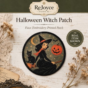 May include: A circular patch featuring a printed illustration of a witch with black hair wearing a black hat and dress, riding a broomstick. A black cat sits nearby, and an orange jack-o'-lantern glows against a dark starry night sky background.