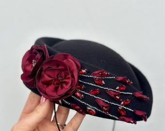 personalized 1950's vintage style black color pillbox hat,black wool felt hat formal wedding hat with flower design