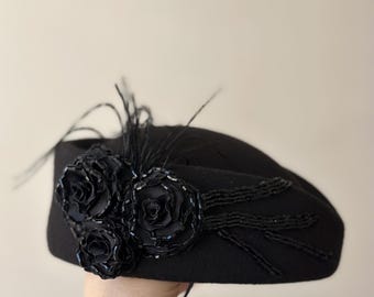 personalized 1950's vintage style black color pillbox hat,black wool felt hat formal wedding hat with black flower design