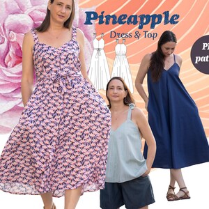 Puede incluir: Tres mujeres modelan un patrón de costura de vestido y top sin mangas llamado "Pineapple Dress & Top" en formato PDF. El vestido es rosa con estampado floral, el top es azul claro y el vestido es azul oscuro.
