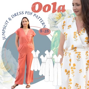 Könnte beinhalten: Ein digitales PDF-Schnittmuster für einen Jumpsuit und ein Kleid namens "Oola" in den Größen 8-28. Das Schnittmuster wird an einem Modell gezeigt, das einen korallenfarbenen Jumpsuit trägt, und an einem anderen Modell, das ein weißes Kleid mit Blumendruck trägt.