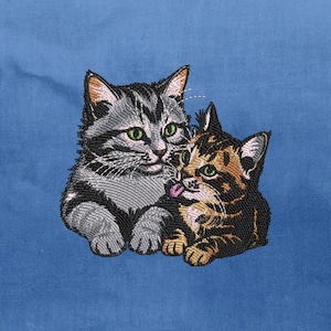 Op de afbeelding: Geborduurd beeld van twee katten op een blauwe achtergrond. Eén kat is grijs en zwart met groene ogen, de andere is bruin en zwart met groene ogen. De bruine en zwarte kat likt zijn lippen. De afbeelding is een close-up.