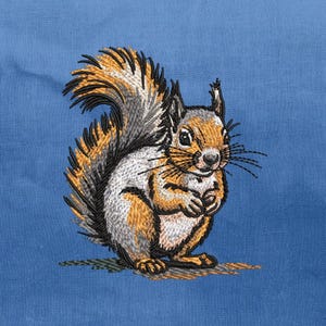 May include: Embroidered squirrel design in shades of orange, grey, and white, set against a blue background. The squirrel is depicted in a seated position, holding a nut. The embroidery showcases detailed textures and a naturalistic style.