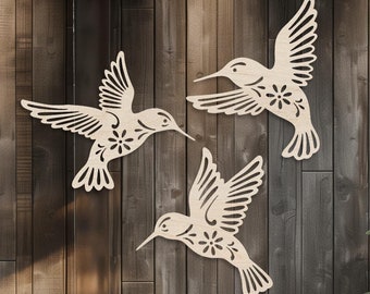 3er Set Holzvögel • Dekorative Holzkolibri Wandkunst • Fliegende Vögel Sperrholzskulptur • Innen/Außen-Wanddekoration • Vogelschwarm