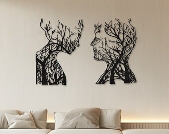 Set Of 2 Wood Signs • Man & Woman Wooden Wall Art • Plywood Tree Sculpture • Indoor Outdoor Use Wall Decoration • Modern Forest Wall Hanging