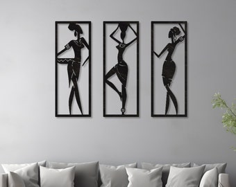 Set Of 3 Wood Wall Signs • African Women Wooden Wall Art • Plywood Sculpture • Indoor & Outdoor Use Wall Decor • Modern Wall Hanging Gift