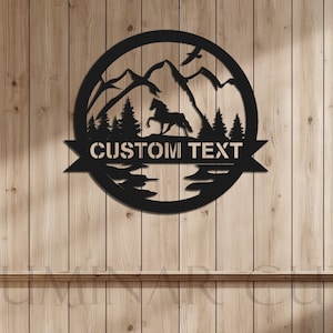 Targa personalizzata con cavallo • Decorazione da parete in legno foresta personalizzata • Decorazione da parete in montagna • Decorazione da parete per uso interno ed esterno • Targa da parete per amante degli animali