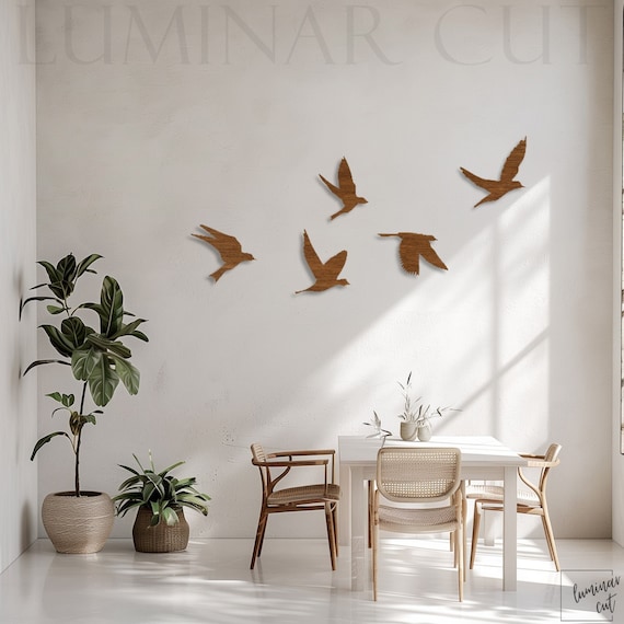 Set Of 5 Wood Birds • Decorative Wooden Wall Art • Flying Birds Plywood Sculpture • Indoor & Outdoor Wall Decor • Flock Of Birds Wall Sign