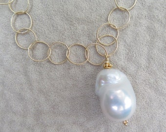 Large Baroque Pearl Pendant, Pearl Necklace for Women, Gold Pearl Drop Necklace, Genuine Freshwater Pearl Teardrop, Baroque Pearl Drop