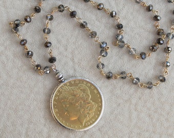 Silver Dollar Necklace, Long Vintage Coin Necklace, Antique Gold Dollar, Silver Dollar Pendant, Large Retro Statement Necklace, Beaded Chain