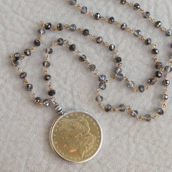 Silver Dollar Necklace, Long Vintage Coin Necklace, Antique Gold Dollar, Silver Dollar Pendant, Large Retro Statement Necklace, Beaded Chain