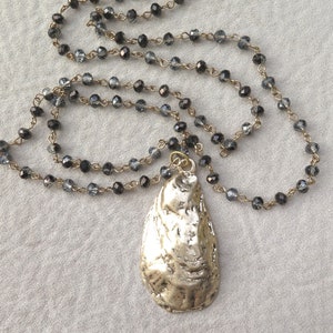Gold Oyster Shell Pendant with Matte Gold Paperclip Chain or Rosary Chain Necklace, Long Necklace with Shell Pendant, Beaded Rosary Necklace