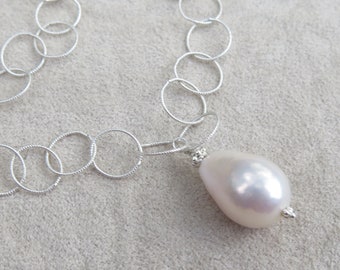 Baroque Pearl Drop Necklace, Freshwater Pearl Teardrop, Large White Pearl Pendant, Sterling Silver Baroque Pearl Necklace, Wedding or Bridal