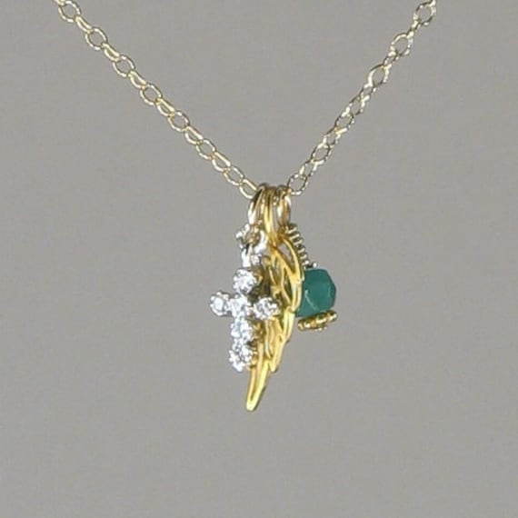 Minimalist Necklace as Gift for her Gold Wing Pendant Guardian Angel Wings Necklace with Emerald green color CZ 14k Dainty Necklace