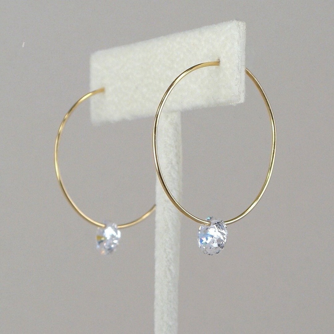 Diamond Hoop Earrings, Thin Gold Hoops, Floating Diamond Earrings