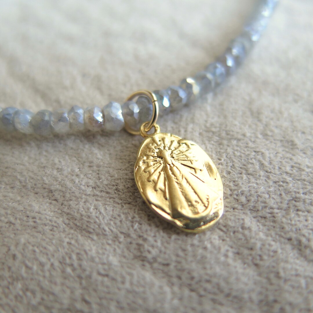 Gold Religious Medal Necklace, Vintage Holy Mother Medal, Small Beaded