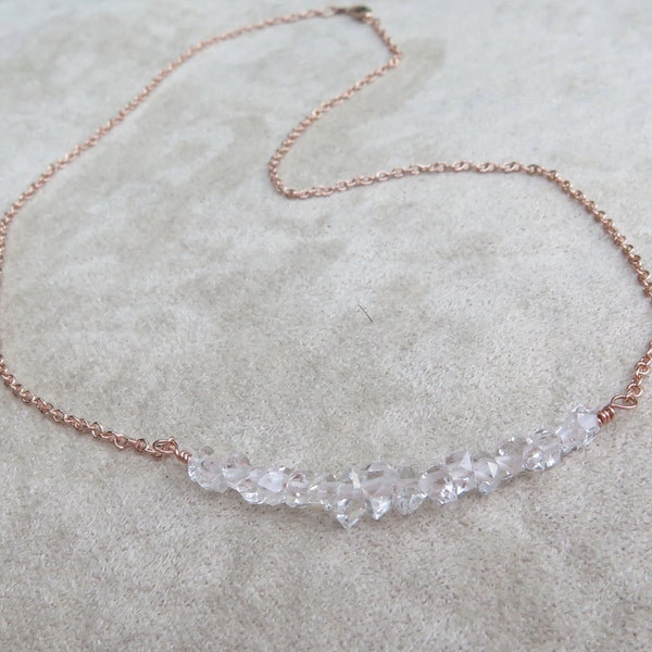 Raw Herkimer Diamond Necklace. Solid 14k Gold Necklace, Crystal Quartz Bar Choker, Natural Raw Gemstone, Genuine Gold - White, Rose, Yellow